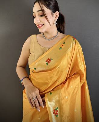 Women yellow parrot & floral woven design lichi silk blend saree 4