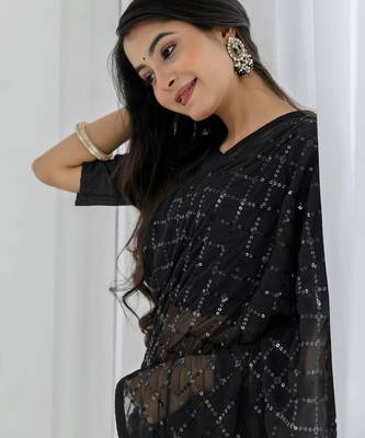 Women gorgette black zari lace work saree 3