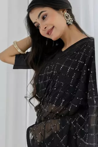 Women gorgette black zari lace work saree
