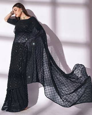 Women gorgette black zari lace work saree 4
