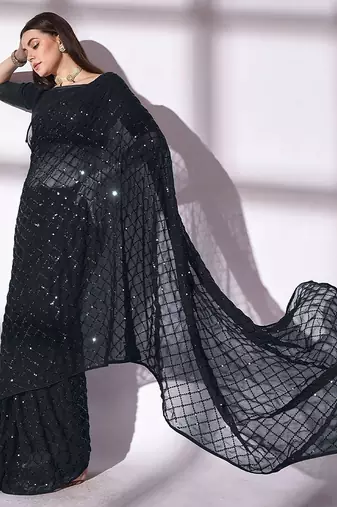 Women gorgette black zari lace work saree
