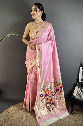 Women light pink parrot & floral woven design lichi silk saree