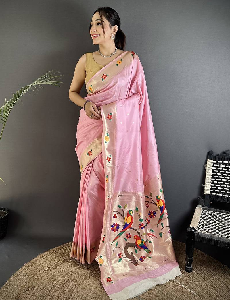 Women light pink parrot & floral woven design lichi silk saree