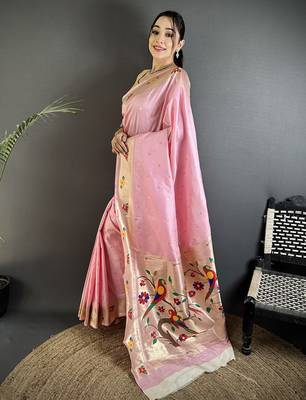 Women light pink parrot & floral woven design lichi silk saree 2