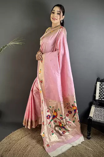 Women light pink parrot & floral woven design lichi silk saree