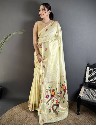 Women cream parrot & floral woven design lichi silk saree 1
