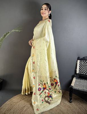 Women cream parrot & floral woven design lichi silk saree 2