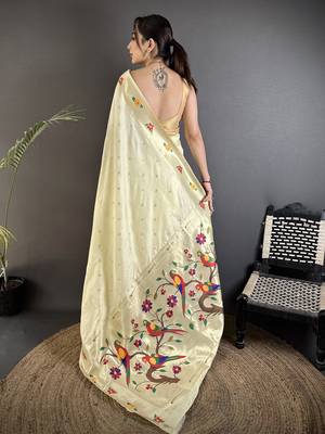 Women cream parrot & floral woven design lichi silk saree 3