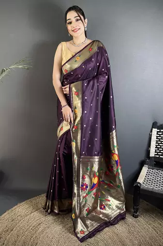 Women wine parrot & floral woven design lichi silk saree