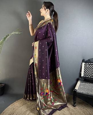 Women wine parrot & floral woven design lichi silk saree 2