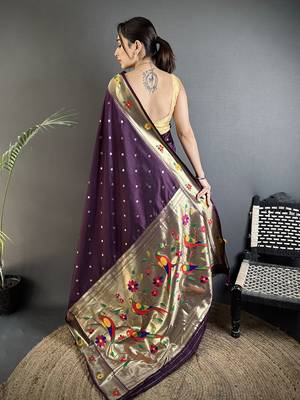 Women wine parrot & floral woven design lichi silk saree 3