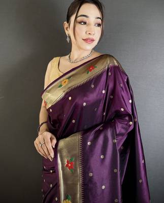 Women wine parrot & floral woven design lichi silk saree 4