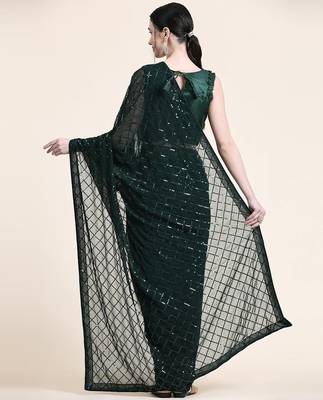 Women gorgette green zari lace work saree 1