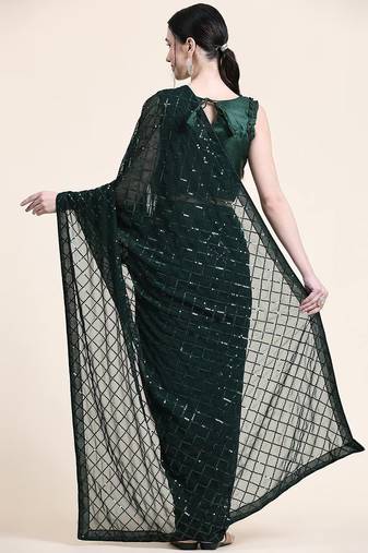 Women gorgette green zari lace work saree