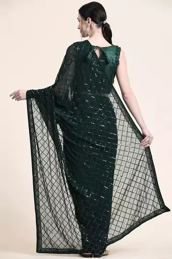 Women gorgette green zari lace work saree