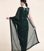 Women gorgette green zari lace work saree