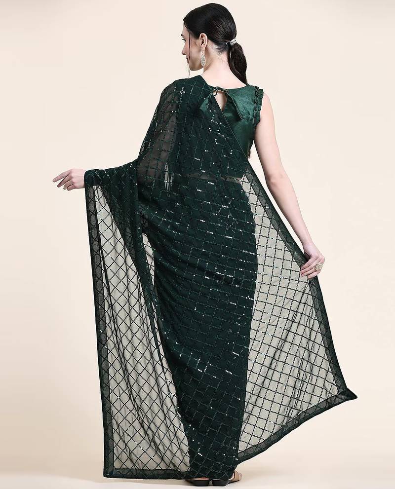 Women gorgette green zari lace work saree