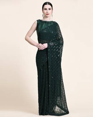 Women gorgette green zari lace work saree 2