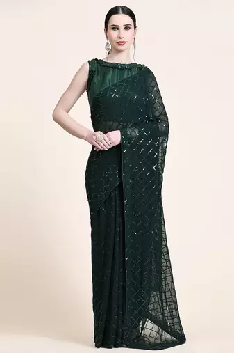 Women gorgette green zari lace work saree