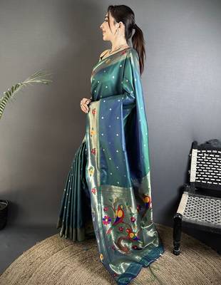 Women teal parrot & floral woven design lichi silk blend saree 2