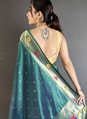 Women teal parrot & floral woven design lichi silk blend saree 3