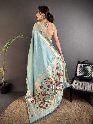 Women sky blue parrot & floral woven design lichi silk blend saree 3
