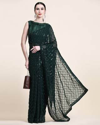 Women gorgette green zari lace work saree 3