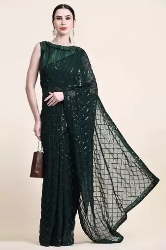 Women gorgette green zari lace work saree