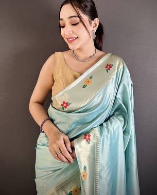 Women sky blue parrot & floral woven design lichi silk blend saree 4
