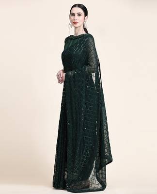 Women gorgette green zari lace work saree 4