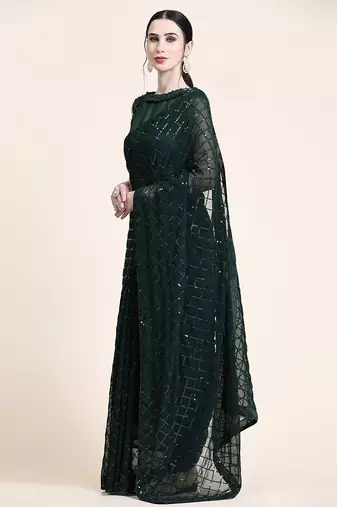 Women gorgette green zari lace work saree