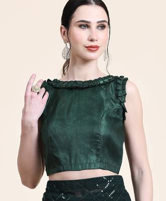 Women gorgette green zari lace work saree 5