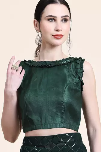 Women gorgette green zari lace work saree