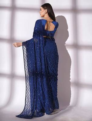 Women gorgette nblue zari lace work saree 2