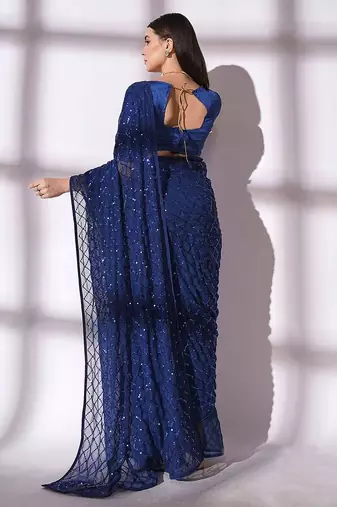 Women gorgette nblue zari lace work saree
