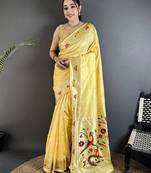 Women light yellow parrot & floral woven design lichi silk saree