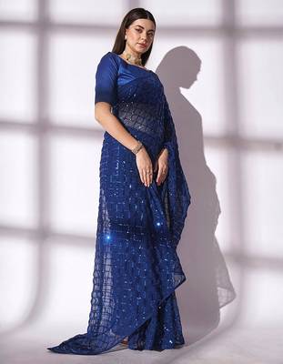 Women gorgette nblue zari lace work saree 3