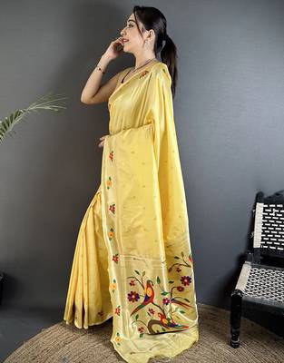 Women light yellow parrot & floral woven design lichi silk blend saree 2