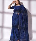 Women gorgette nblue zari lace work saree