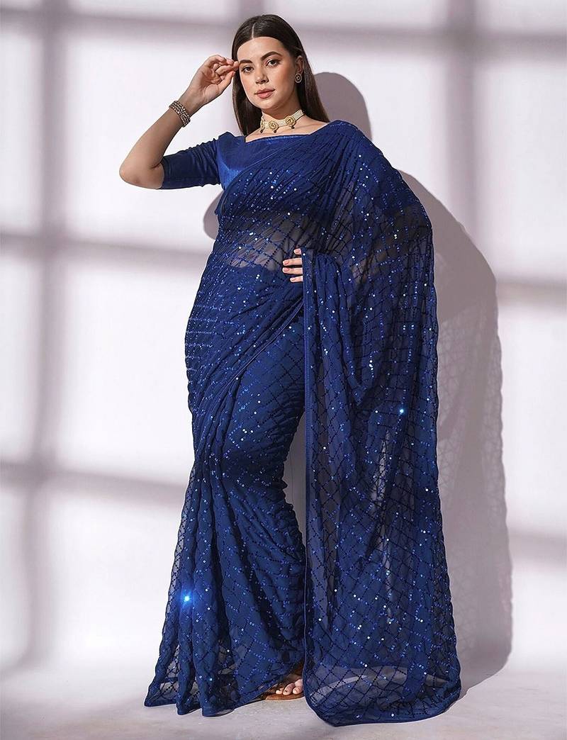 Women gorgette nblue zari lace work saree