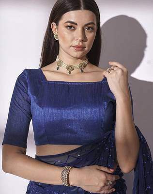 Women gorgette nblue zari lace work saree 4