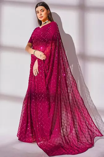 Women gorgette pink zari lace work saree