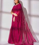 Women gorgette pink zari lace work saree