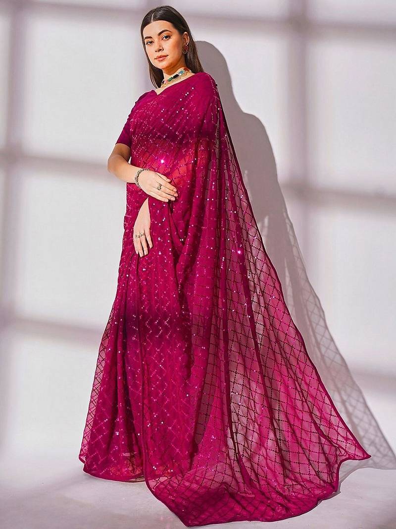 Women gorgette pink zari lace work saree
