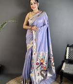 Women lavender parrot & floral woven design lichi silk saree