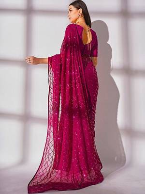 Women gorgette pink zari lace work saree 3