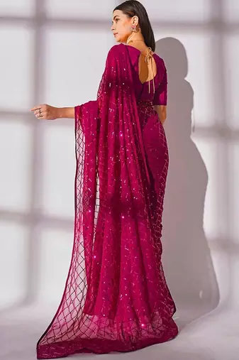 Women gorgette pink zari lace work saree