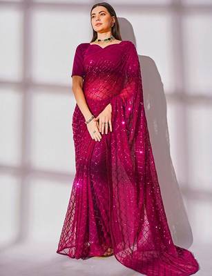 Women gorgette pink zari lace work saree 4