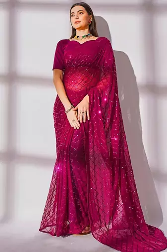 Women gorgette pink zari lace work saree