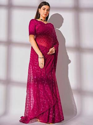 Women gorgette pink zari lace work saree 5